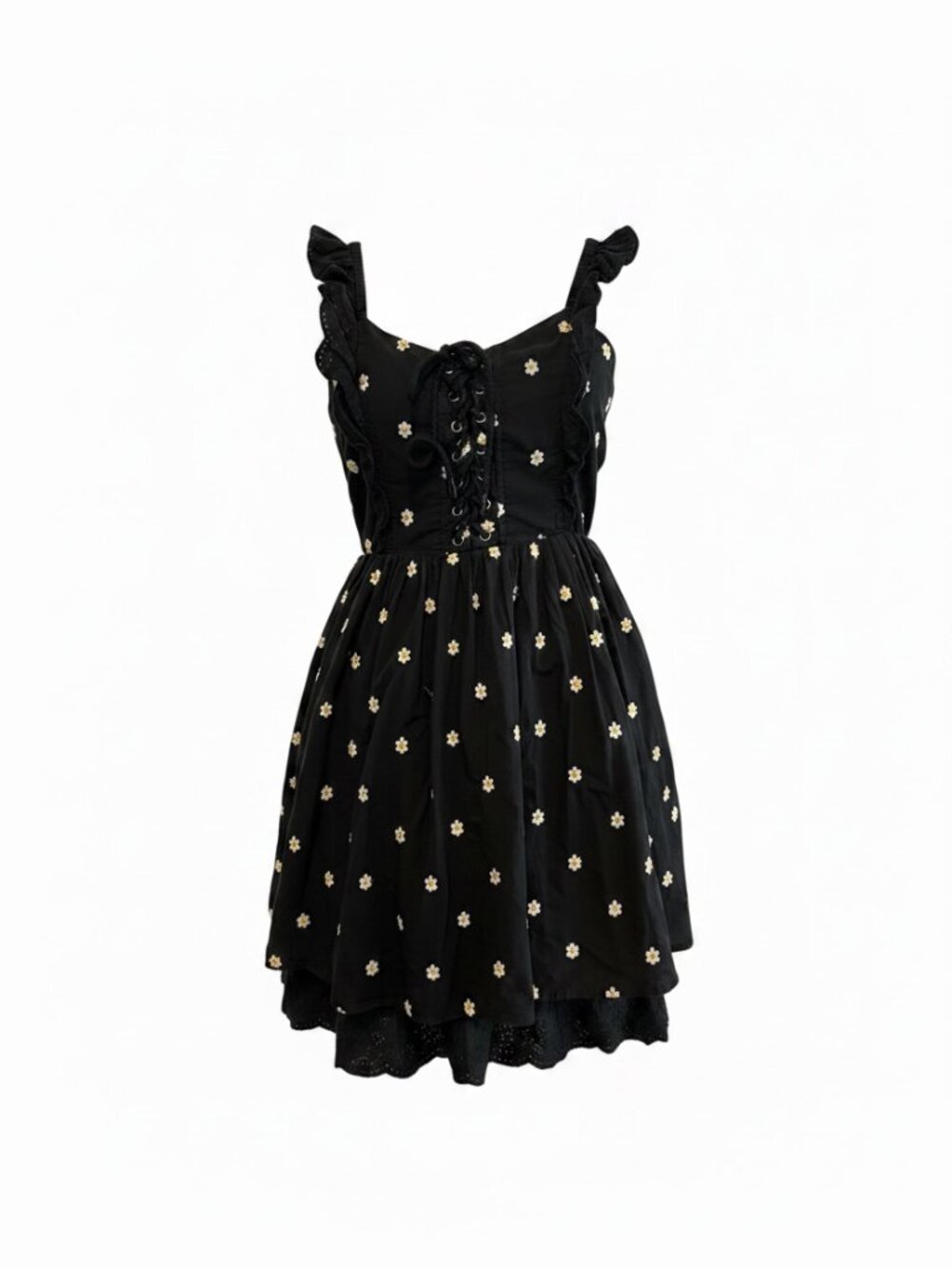 Betsey Johnson Black Daisy Embroidered Lace Up Babydoll Whimsgoth Dress 2